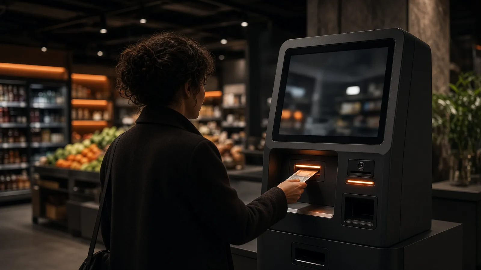 Cliente che paga in contanti a una cassa automatica self service